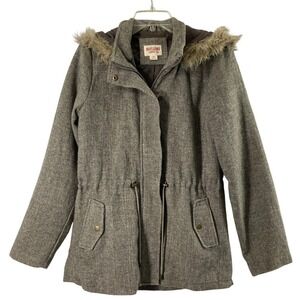 Womens‎ Large Faux Fur Hooded Jacket Brown Tweed Drawstring Waist Outdoor Coat